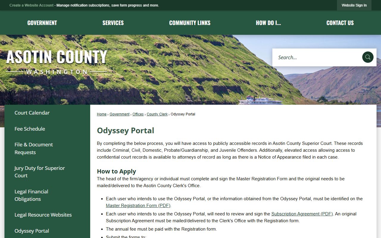 Asotin County probate records Odyssey Portal registration