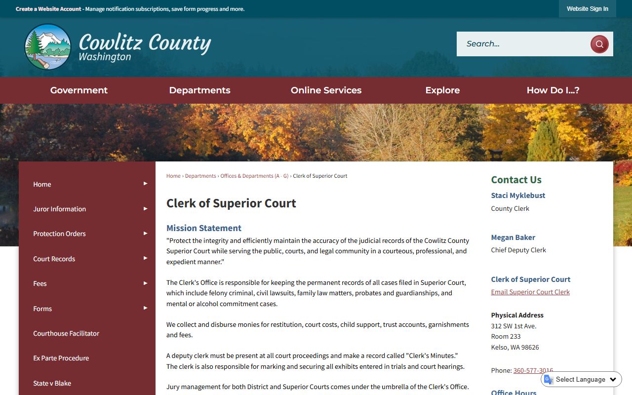 Cowlitz County probate court records clerk office
