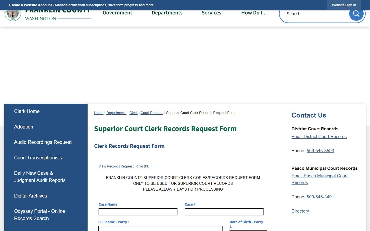Franklin County Superior Court Clerk records request form