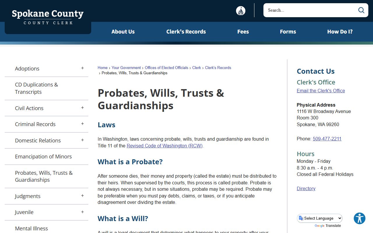 Spokane County probate court records wills trusts guardianships