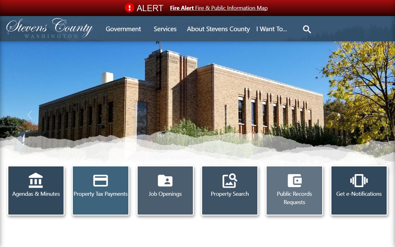 Stevens County government website showing county departments and probate court information