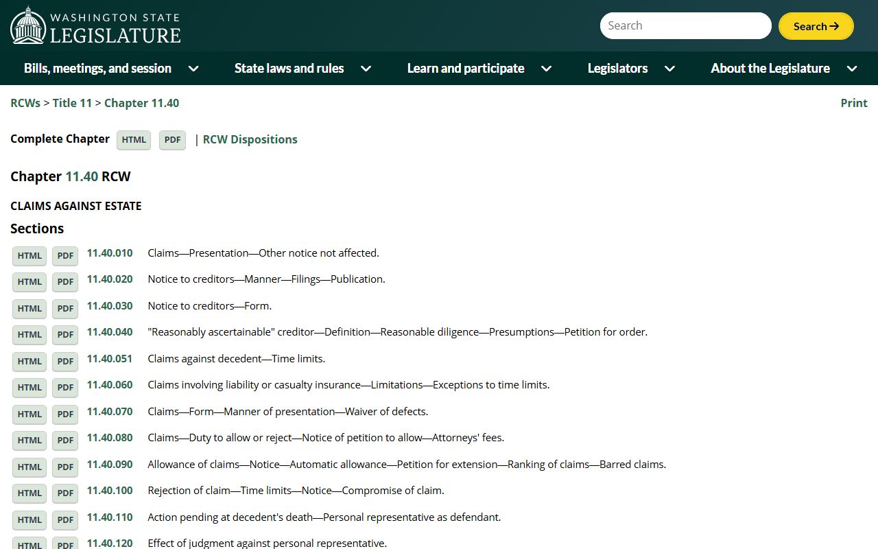 RCW Chapter 11.40 claims against estate Washington probate