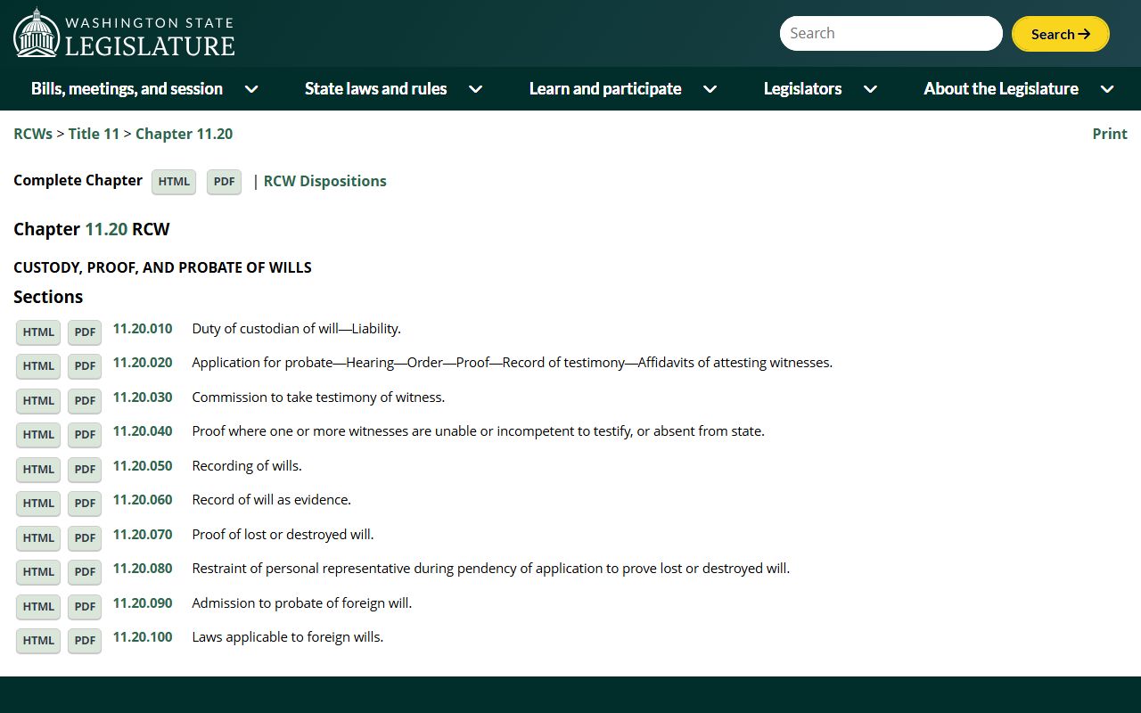 RCW Chapter 11.20 custody proof and probate of wills Washington