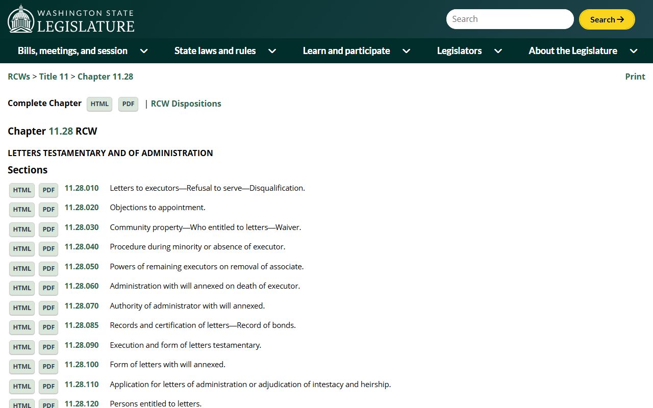 RCW Chapter 11.28 letters testamentary Washington probate