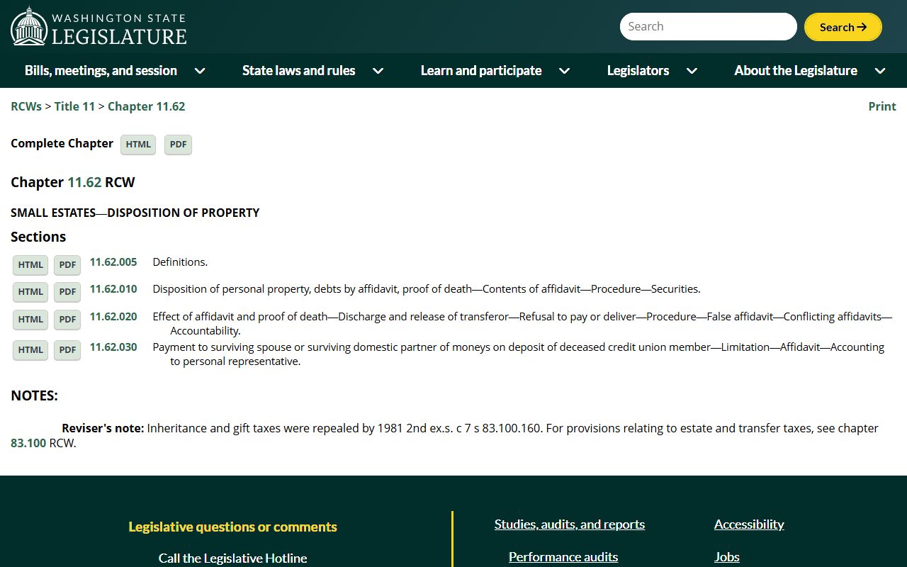 RCW Chapter 11.62 small estates affidavit Washington